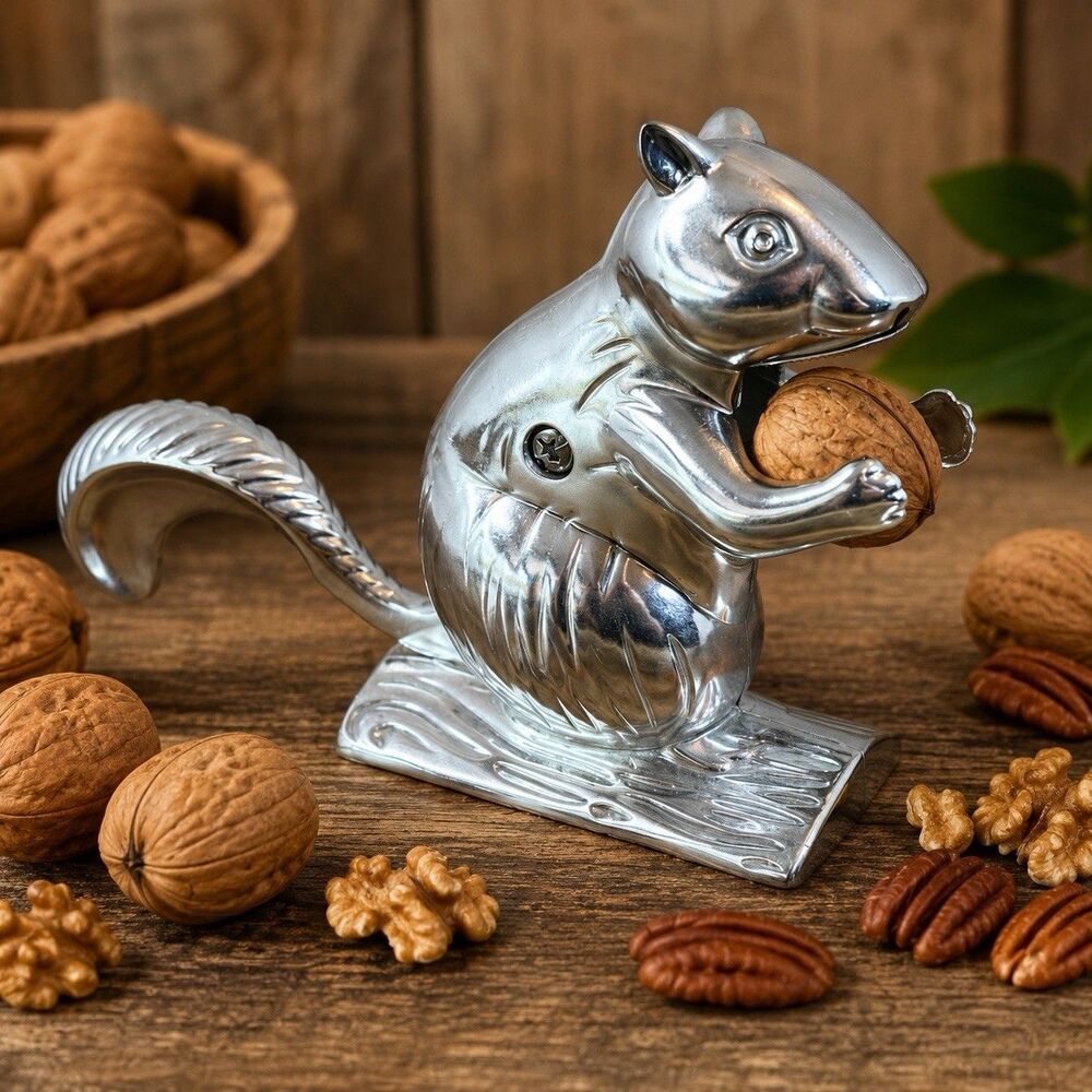 Vintage Cast Aluminum Squirrel Nutcracker Silver Kitchen Tool 8.25 Autumn Decor